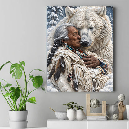 Relief artwork of an elder with a gray braid embracing a white bear with closed eyes in falling snow – ảnh 2
