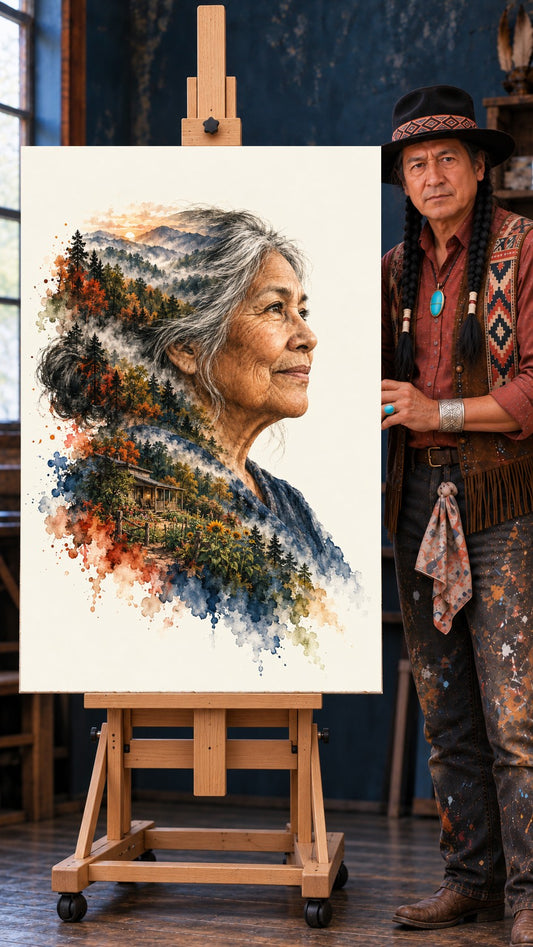 Watercolor portrait of an older Native American woman whose gray hair becomes an autumn forest, mountains, and a cabin