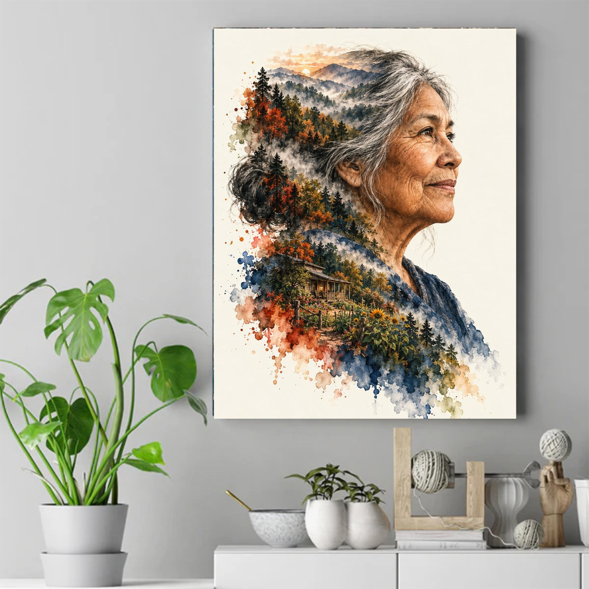 Watercolor portrait of an older Native American woman whose gray hair becomes an autumn forest, mountains, and a cabin – ảnh 2