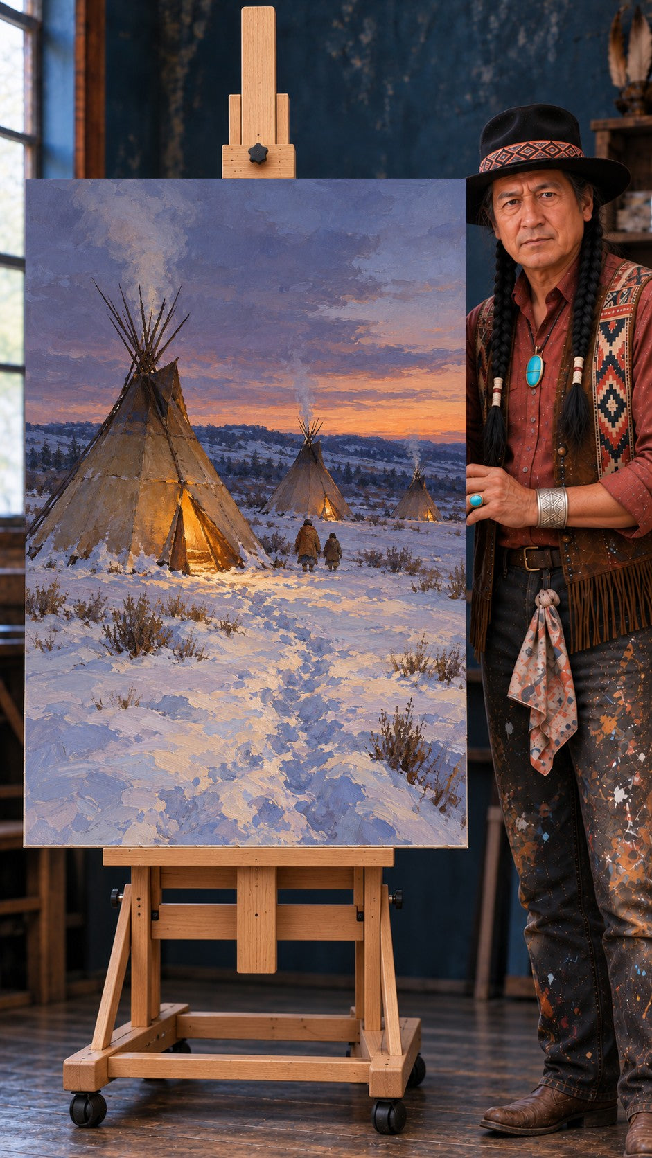 Three tipis in a snowy camp at sunset, firelight glowing from the doorways as two figures walk home through the snow.