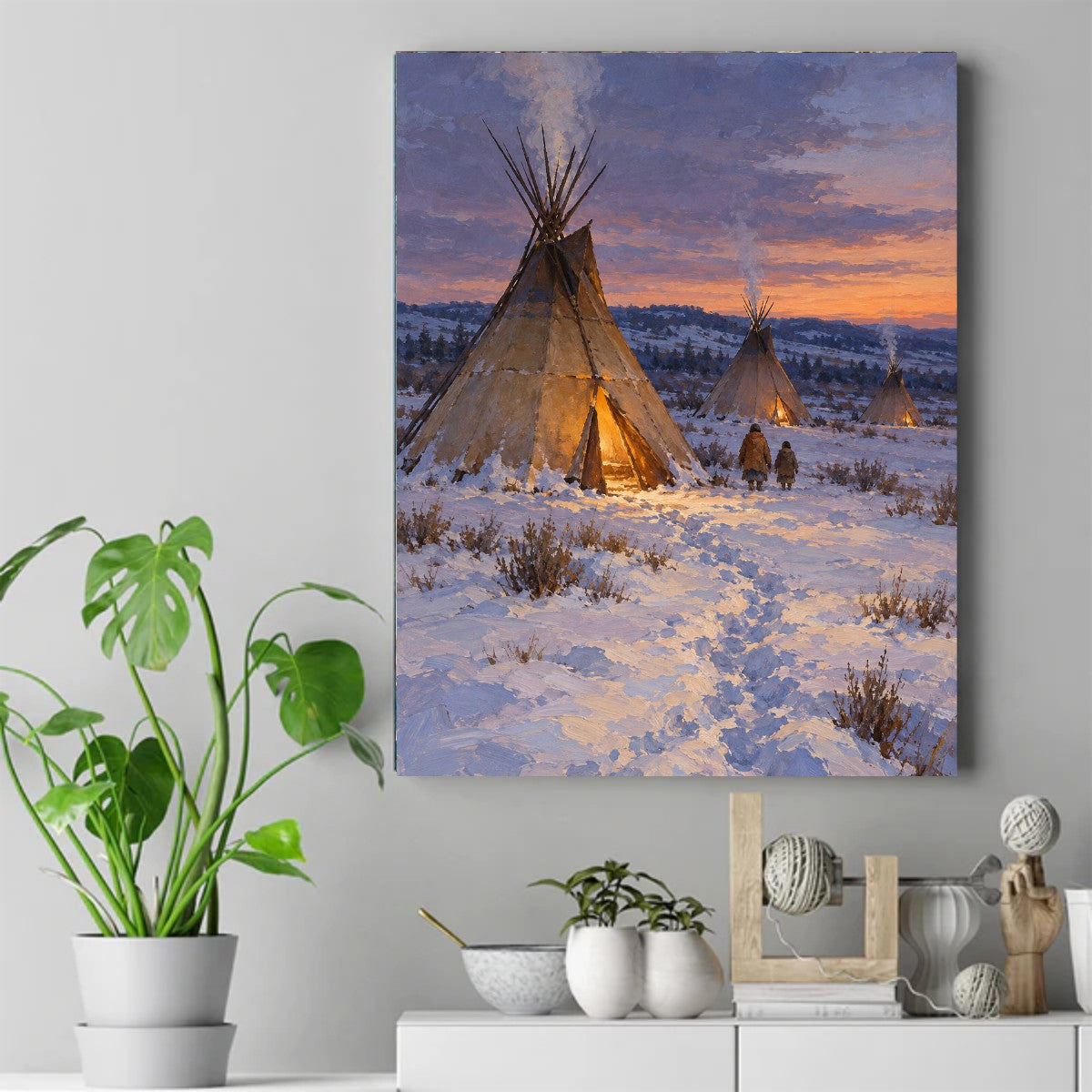 Three tipis in a snowy camp at sunset, firelight glowing from the doorways as two figures walk home through the snow. – ảnh 2