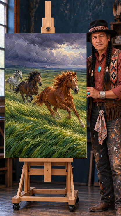 Three horses galloping through tall green grass beneath dark storm clouds, led by a chestnut horse with a windblown mane