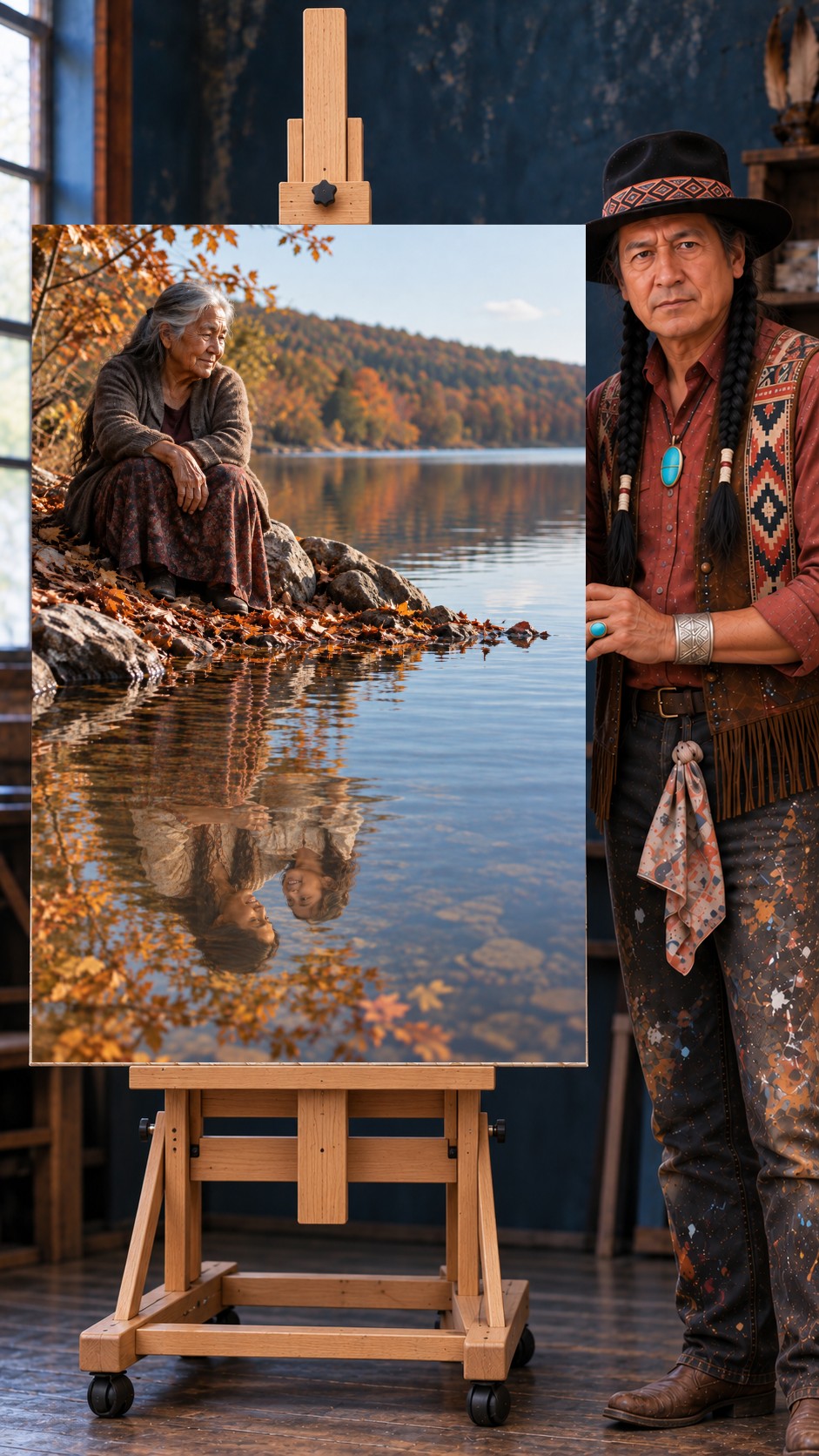 Elderly Native woman in brown cardigan sitting on rocky shore by autumn lake, her face reflected in calm water.