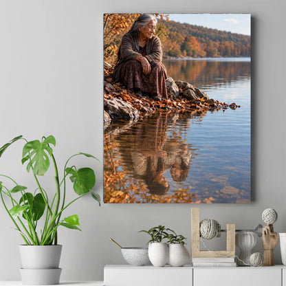 Elderly Native woman in brown cardigan sitting on rocky shore by autumn lake, her face reflected in calm water. – ảnh 2