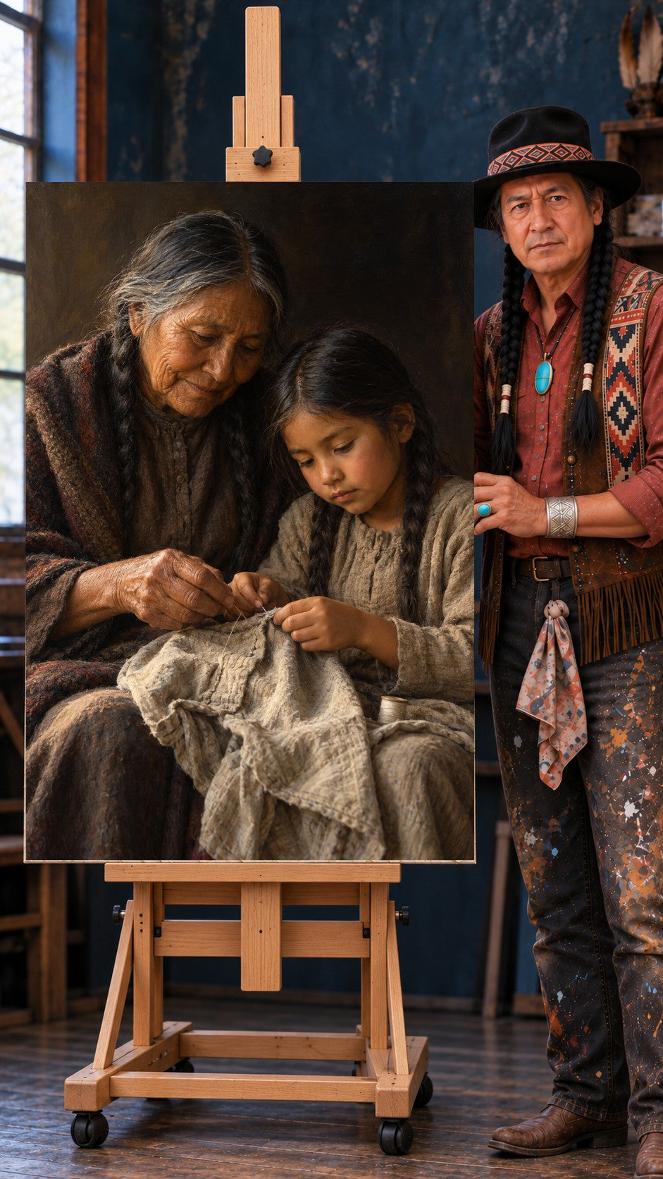 Elderly Native woman with gray braids guiding a young girl's hands as they sew cloth together