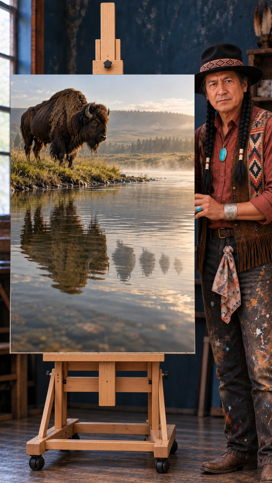 Bison standing on a grassy riverbank at sunrise with mist rising off the water and its reflection below