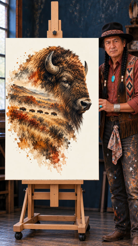Watercolor double exposure of a bison head filled with a prairie landscape and a grazing herd in autumn colors