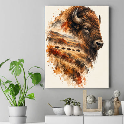 Watercolor double exposure of a bison head filled with a prairie landscape and a grazing herd in autumn colors – ảnh 2
