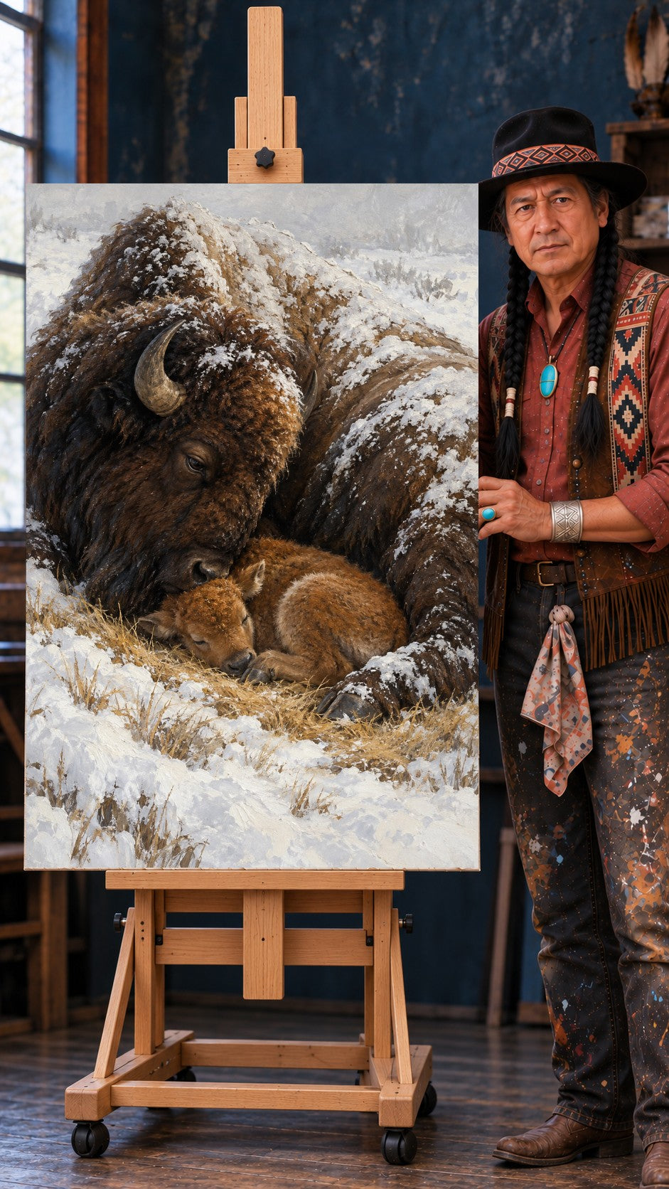 Adult bison curled around a sleeping calf in the snow, snow on her back, dry grass beneath them