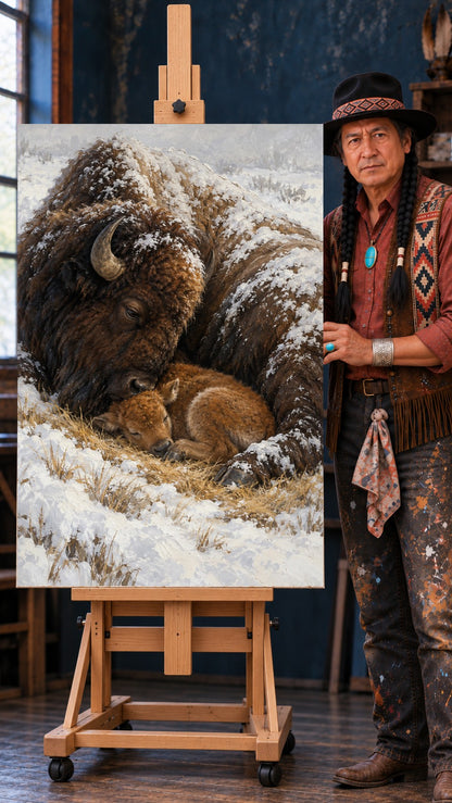 Adult bison curled around a sleeping calf in the snow, snow on her back, dry grass beneath them