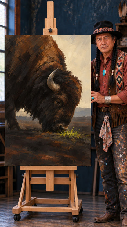 A dark brown bison with one visible curved horn grazing on bright green grass under a pale sky with distant hills.