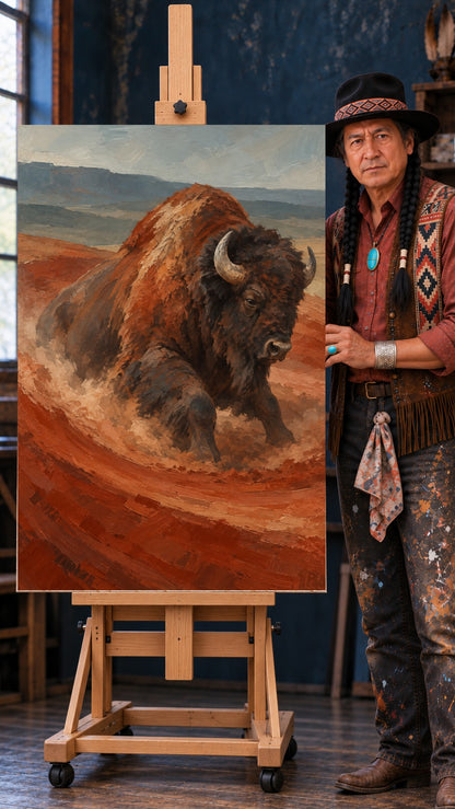 Bison running through red dust with hills in the background, earthy western wildlife painting.