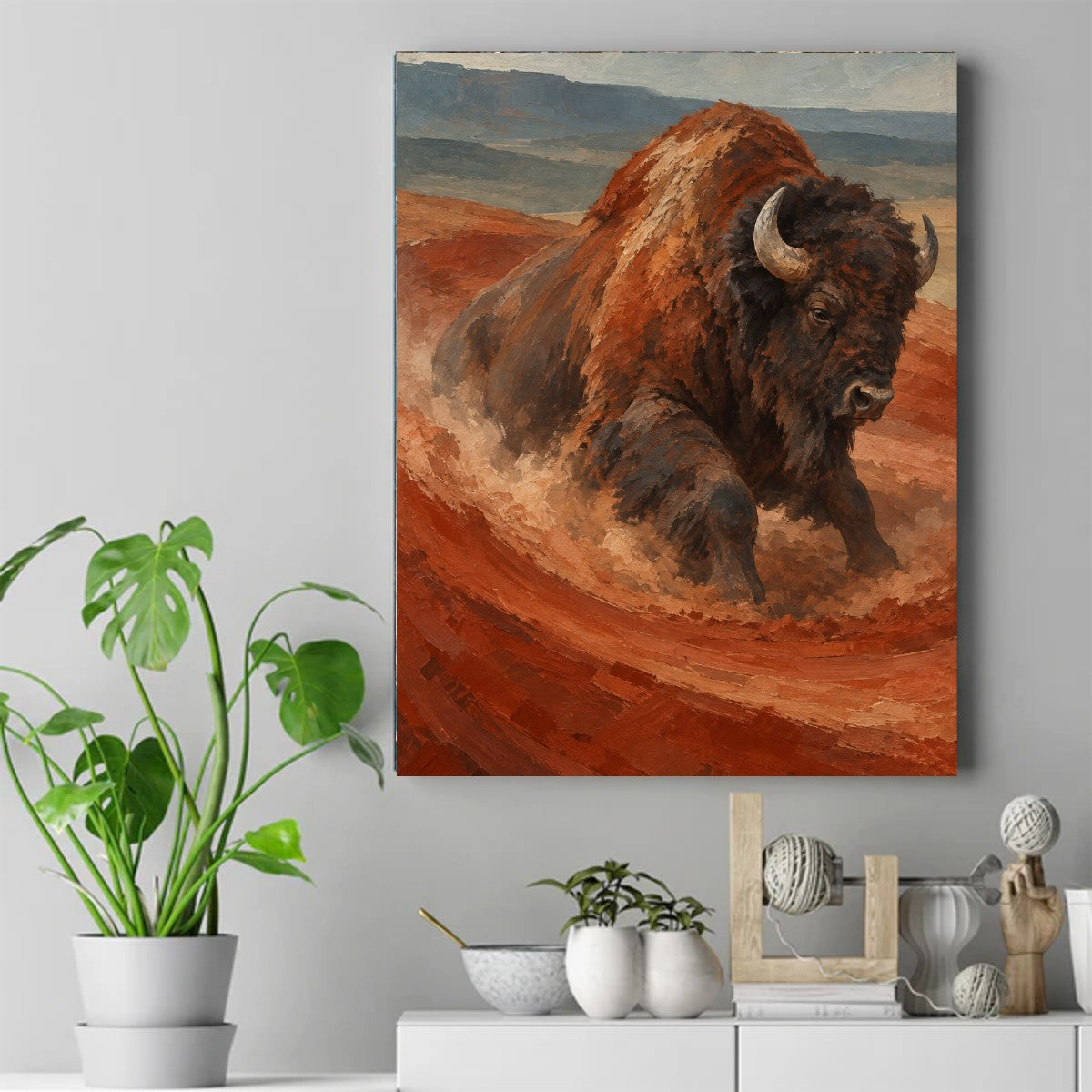 Bison running through red dust with hills in the background, earthy western wildlife painting. – ảnh 2