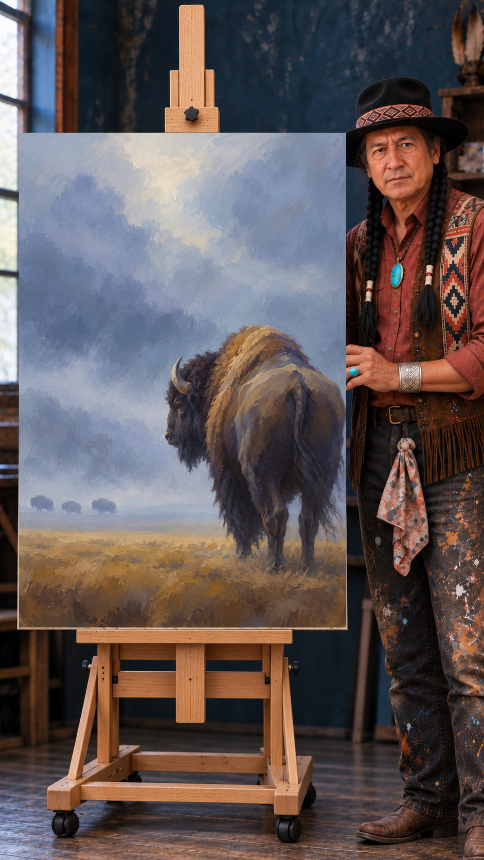 Lone bison with a golden hump standing in tall prairie grass under stormy blue-grey clouds, three bison far in the distance