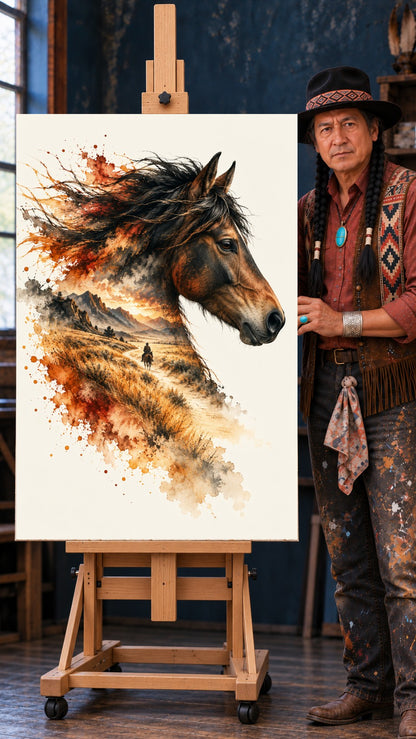 Watercolor horse head in profile with a desert landscape and lone rider painted inside its flowing mane