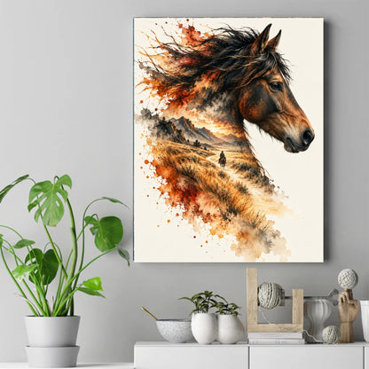 Watercolor horse head in profile with a desert landscape and lone rider painted inside its flowing mane – ảnh 2