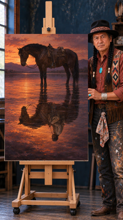 Brown horse with saddle standing in shallow water at sunset, head lowered, mirrored in the still water below