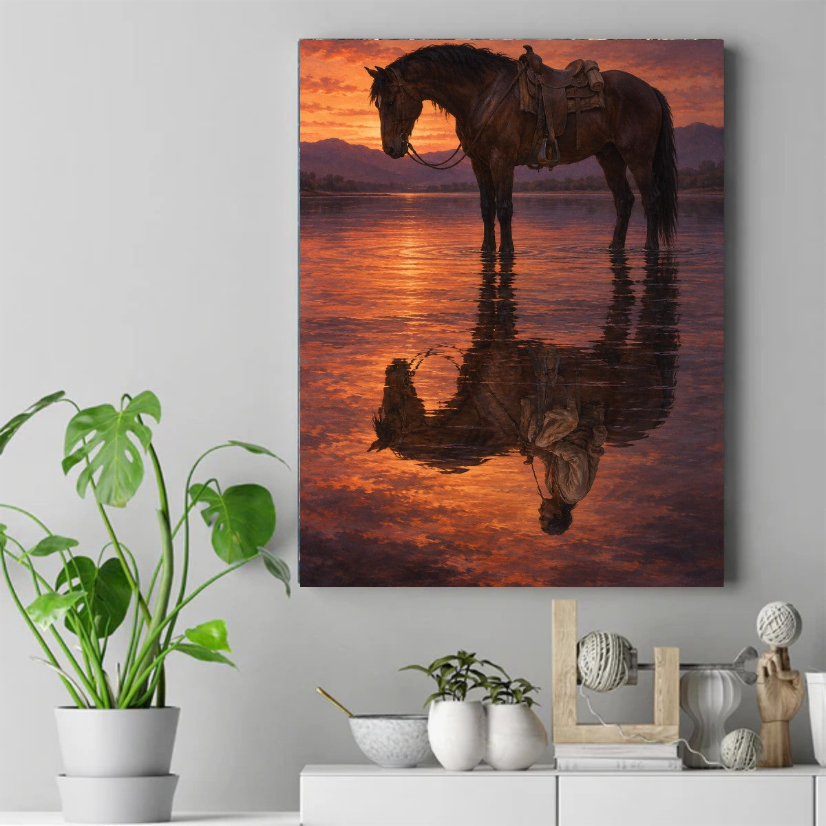 Brown horse with saddle standing in shallow water at sunset, head lowered, mirrored in the still water below – ảnh 2