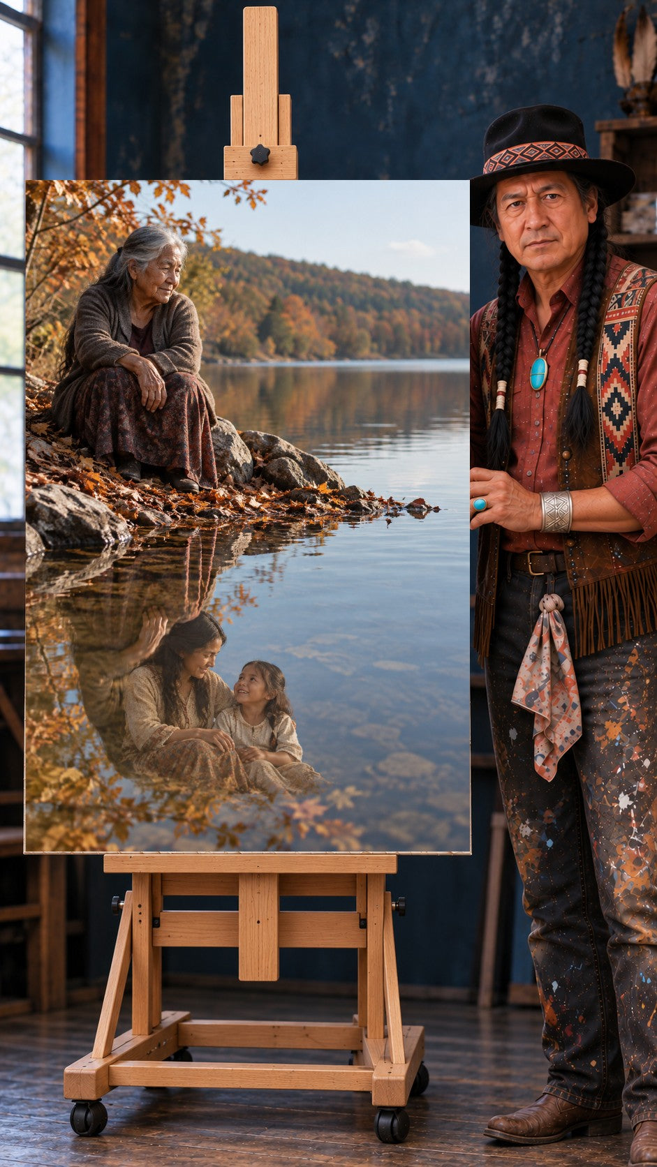 Older Native woman sitting on rocks by an autumn lake, her reflection showing a younger woman and a little girl