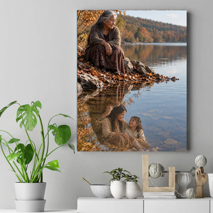 Older Native woman sitting on rocks by an autumn lake, her reflection showing a younger woman and a little girl – ảnh 2