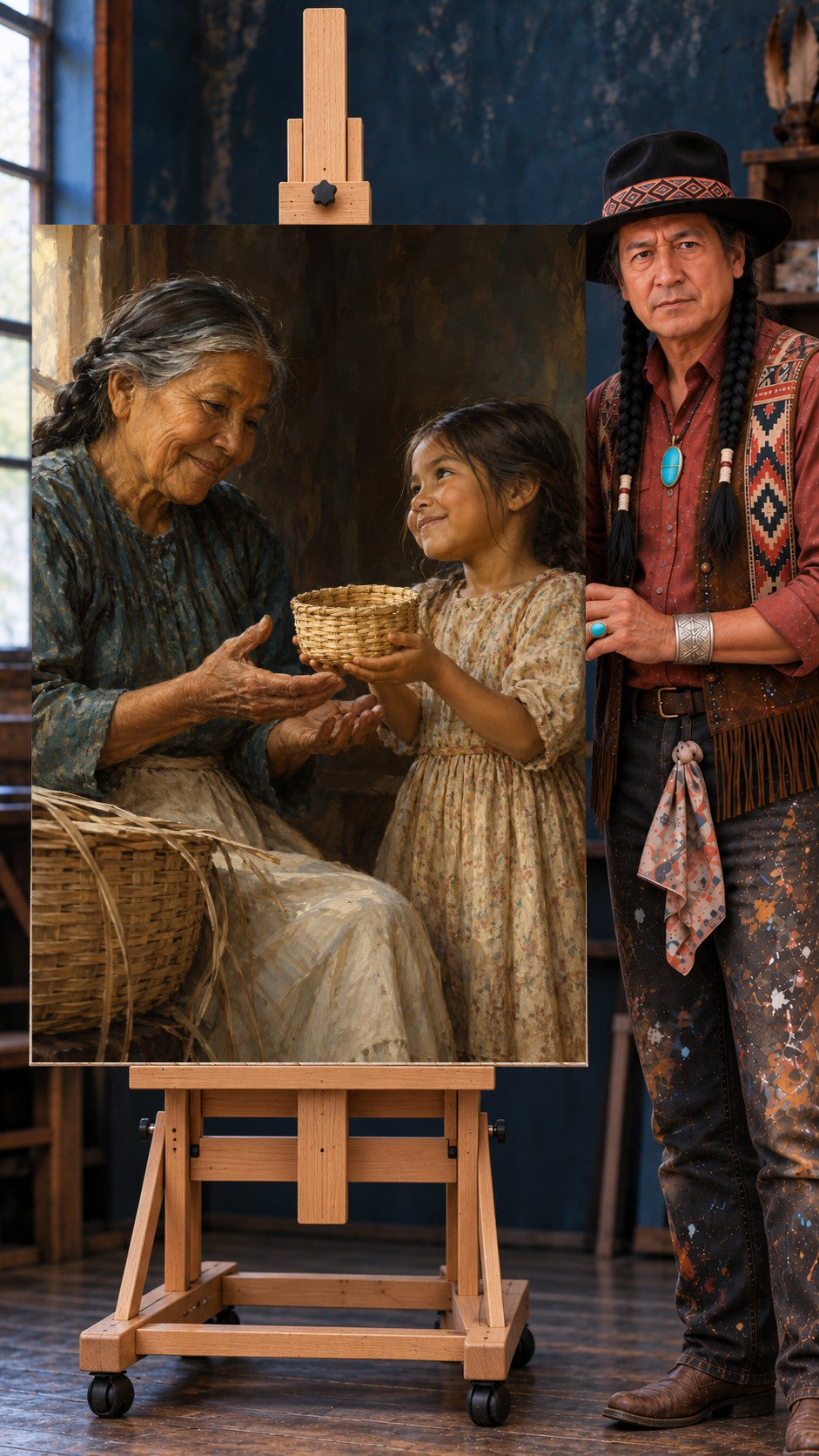 An older woman with braided gray hair holds her hands as a young girl lifts a small woven basket toward her in warm light.