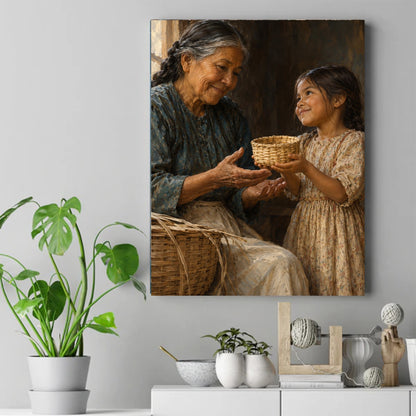 An older woman with braided gray hair holds her hands as a young girl lifts a small woven basket toward her in warm light. – ảnh 2