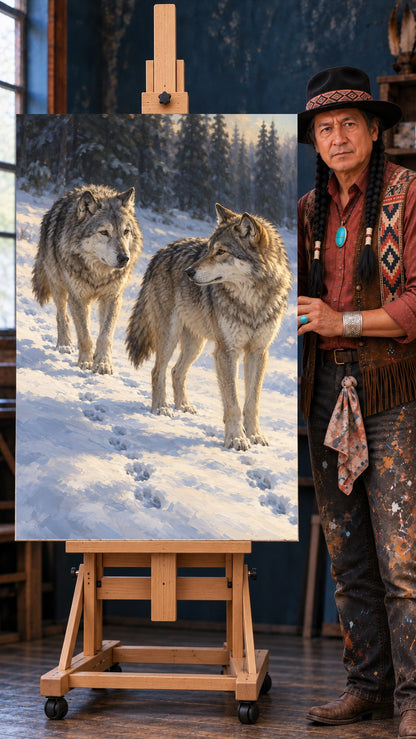 Two gray wolves standing in snowy forest with fresh paw prints in the snow and soft golden light on their fur