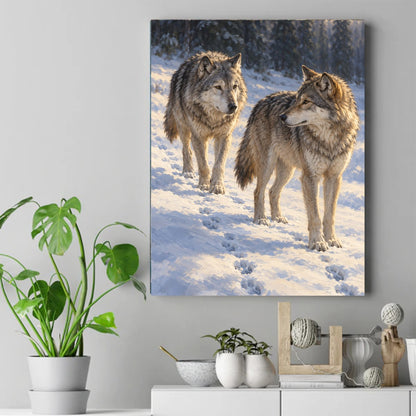 Two gray wolves standing in snowy forest with fresh paw prints in the snow and soft golden light on their fur – ảnh 2