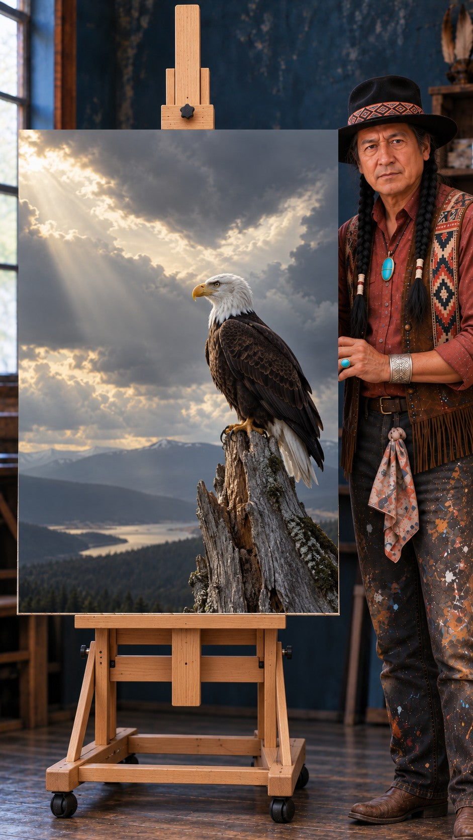 Bald eagle perched on a weathered stump as sunbeams break through clouds over misty mountains and a river valley