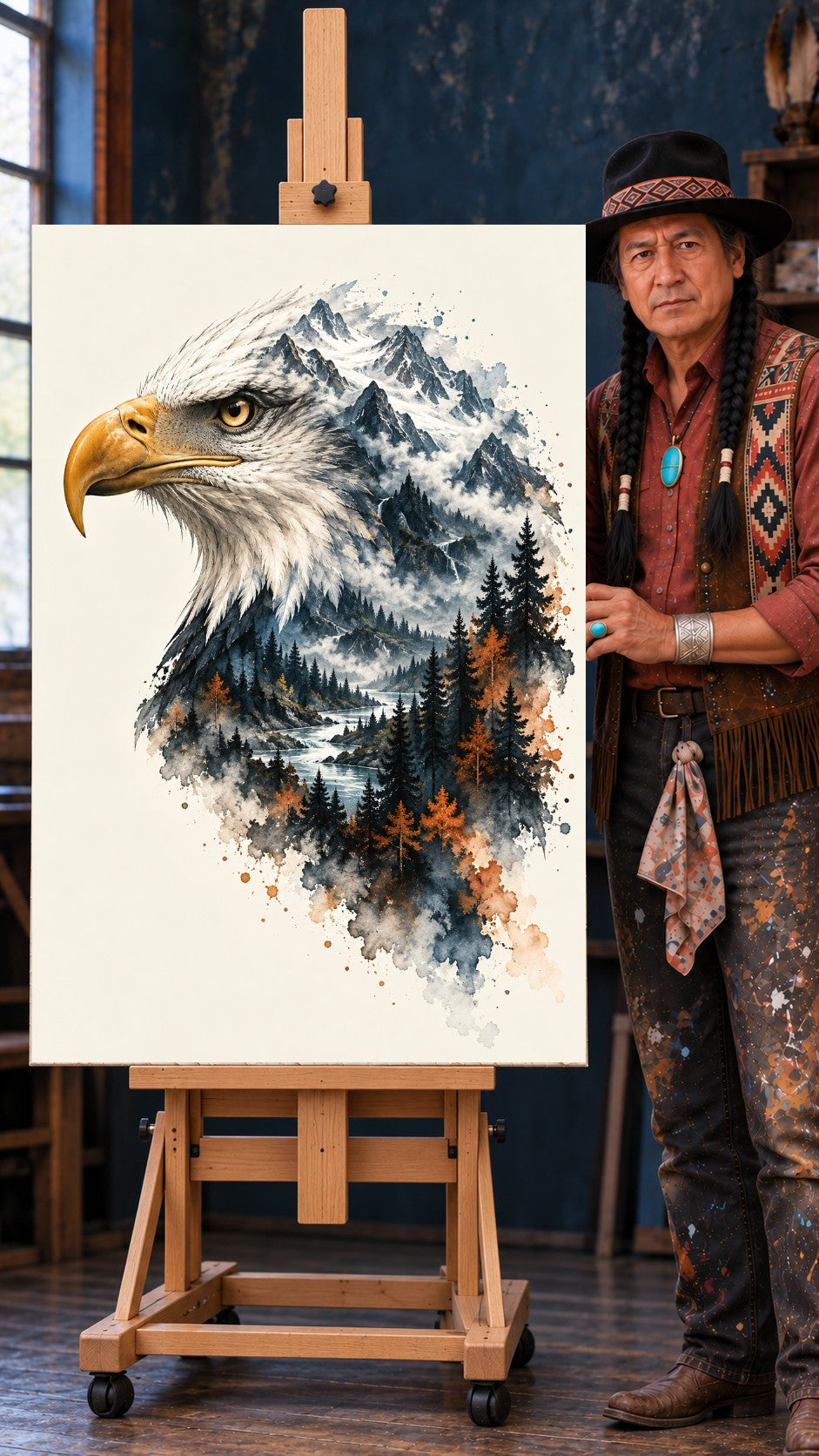 Watercolor bald eagle head in profile with mountain peaks, pine trees and a river forming its feathers