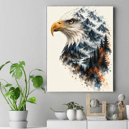 Watercolor bald eagle head in profile with mountain peaks, pine trees and a river forming its feathers – ảnh 2