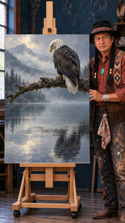 Bald eagle perched on a moss-covered branch over a still misty lake, with mountains and pine trees behind it