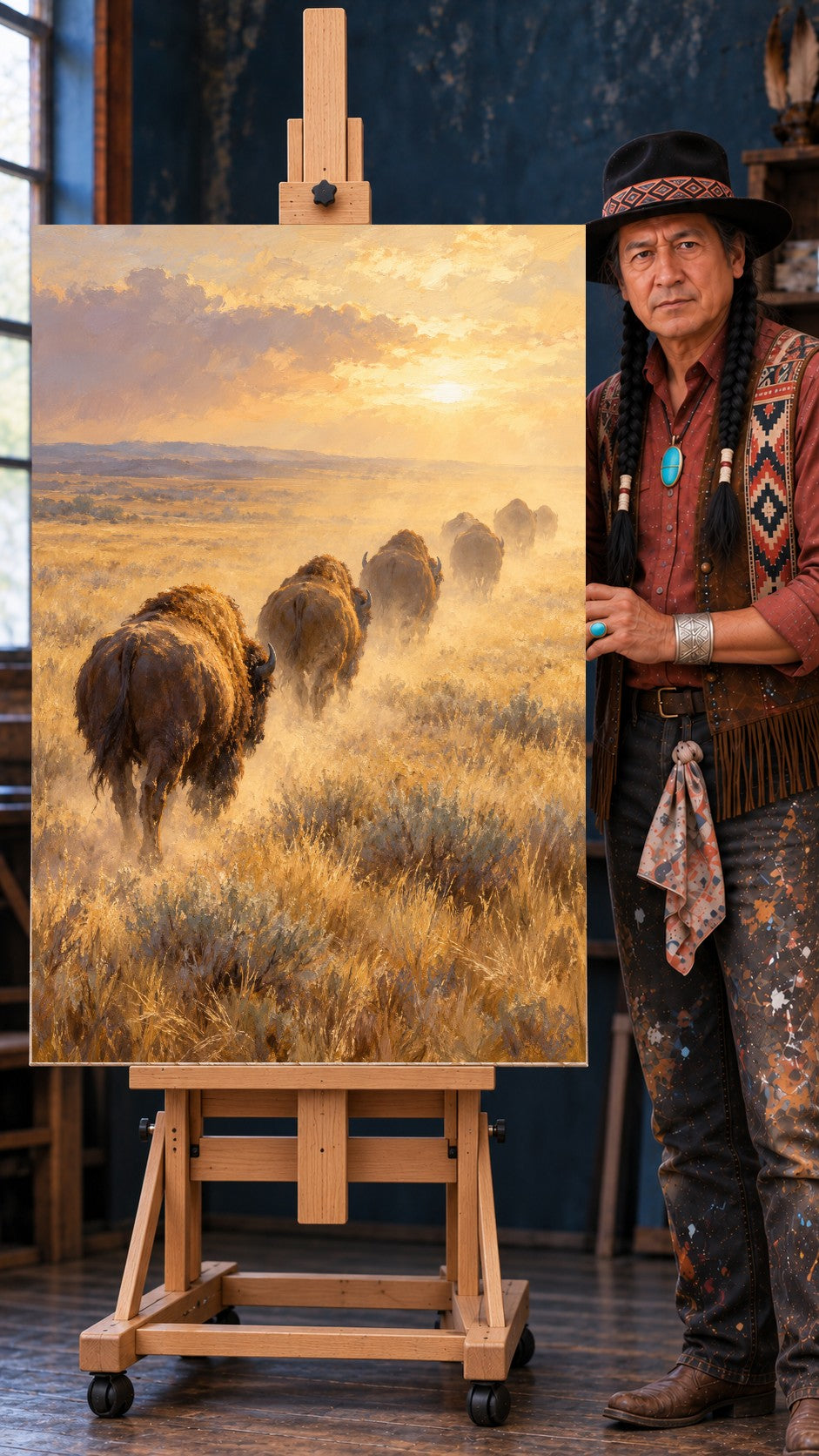 A line of bison walking away through dry golden prairie grass toward a hazy sunset, with dust rising under their hooves.