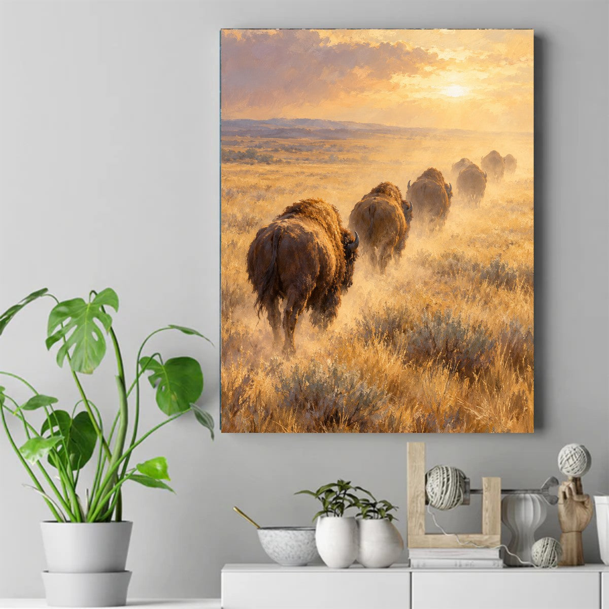 A line of bison walking away through dry golden prairie grass toward a hazy sunset, with dust rising under their hooves. – ảnh 2
