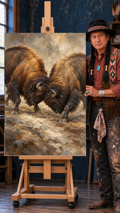 Two bison locking horns on a dusty plain, painted in warm brown and gold tones