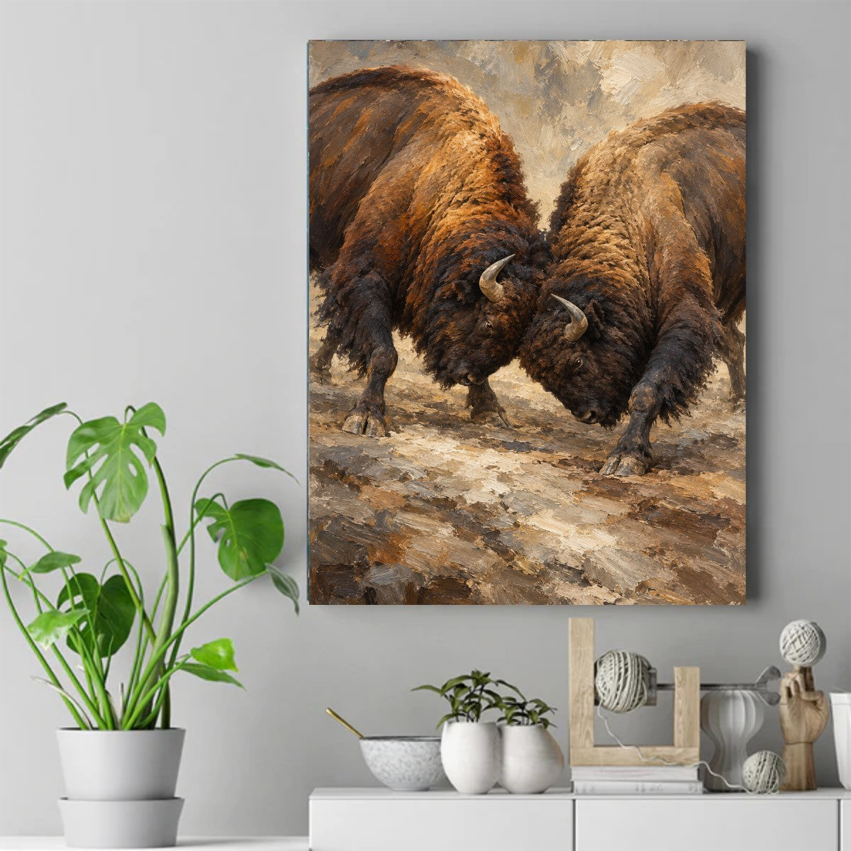 Two bison locking horns on a dusty plain, painted in warm brown and gold tones – ảnh 2