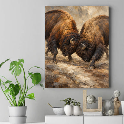 Two bison locking horns on a dusty plain, painted in warm brown and gold tones – ảnh 2