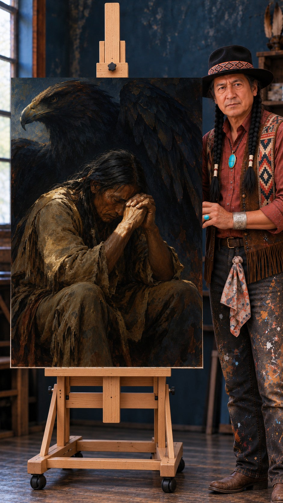 Native American elder in fringed buckskin praying with clasped hands as a large eagle spreads its wings behind him