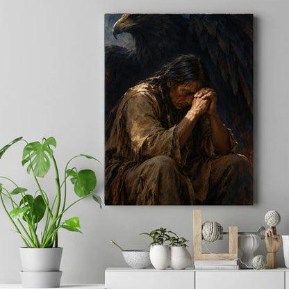 Native American elder in fringed buckskin praying with clasped hands as a large eagle spreads its wings behind him – ảnh 2