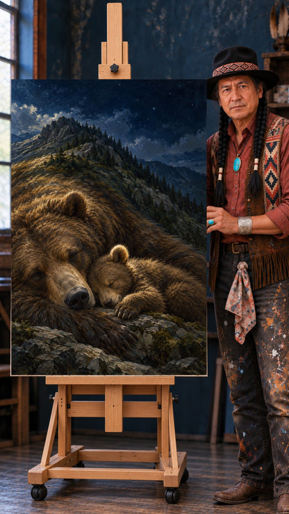 Large brown bear lying with a sleeping cub on rocky ground beneath a starry night sky and pine-covered mountain ridge.