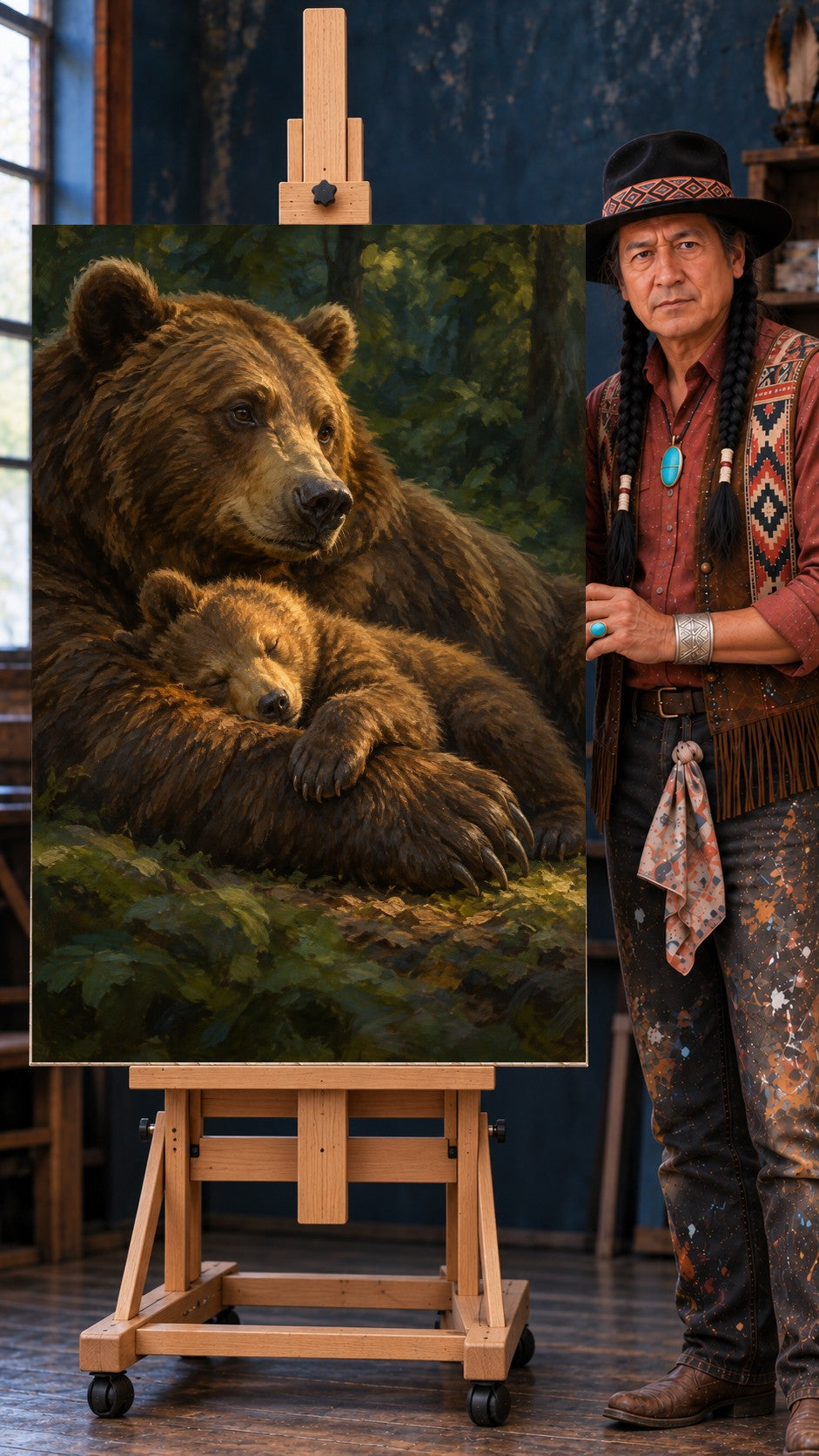 Large brown mother bear resting in forest light with a sleeping cub curled over her front paw