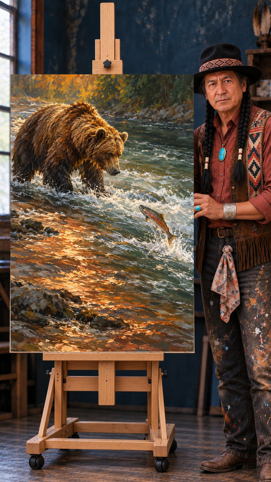 Grizzly bear standing in a sunlit river watching a salmon leap from the water