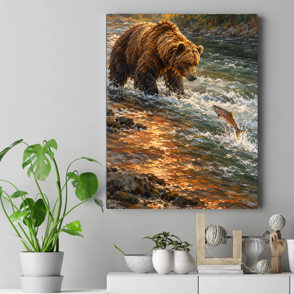 Grizzly bear standing in a sunlit river watching a salmon leap from the water – ảnh 2