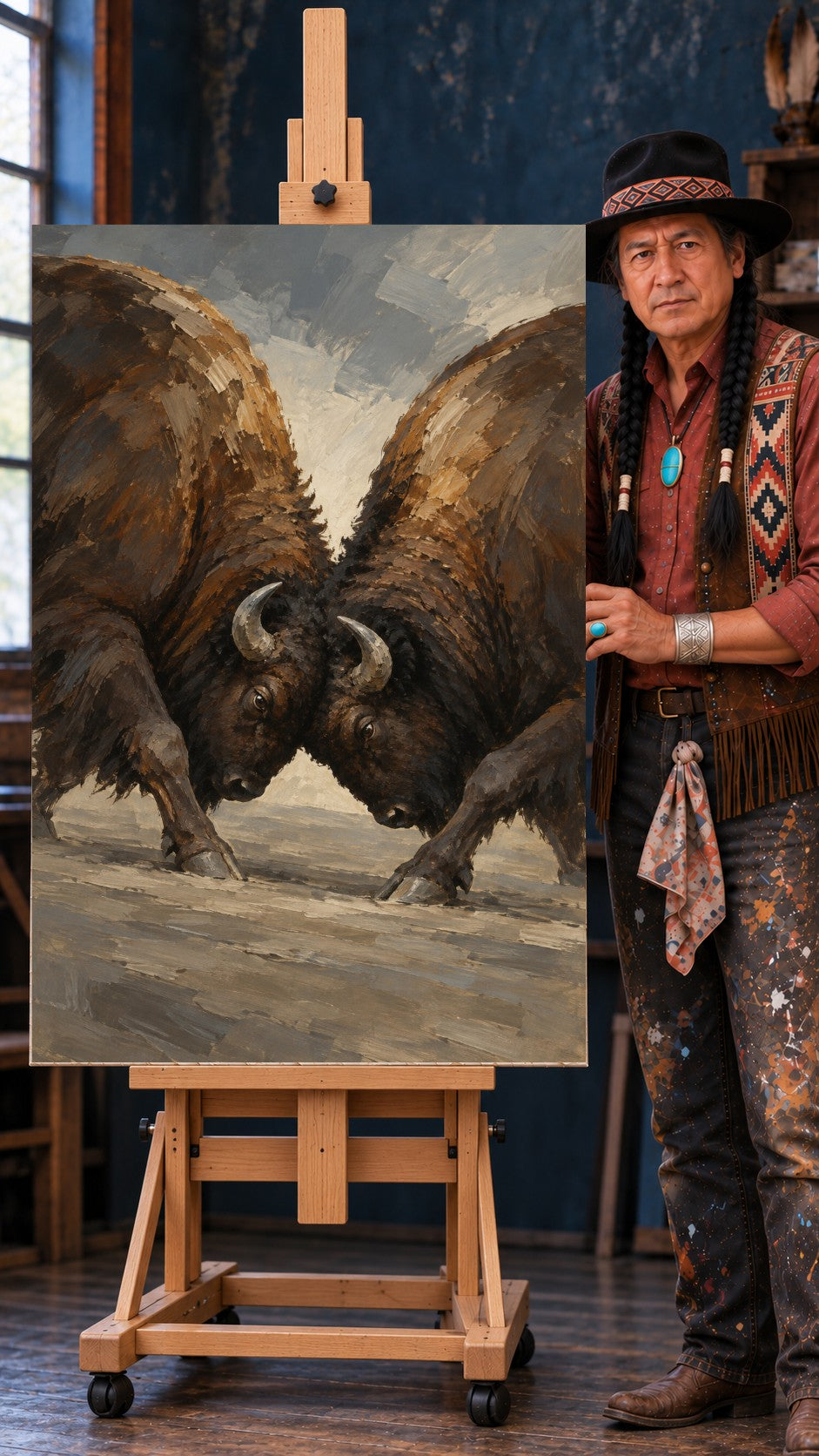 Two brown bison with locked horns pushing against each other on dusty ground, painted in thick oil strokes