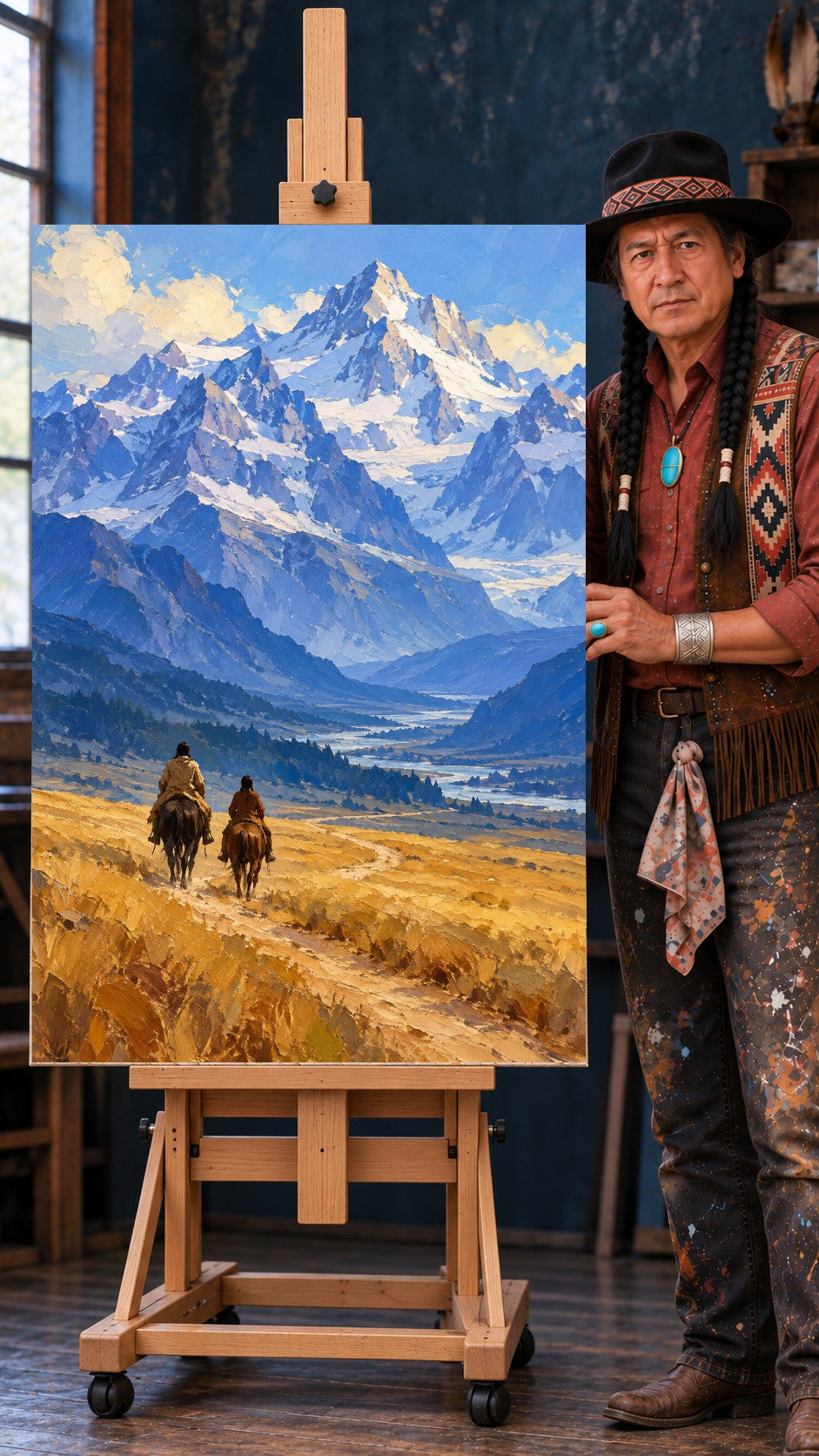 Two riders on horseback seen from behind on a golden trail leading toward blue snow-capped mountains