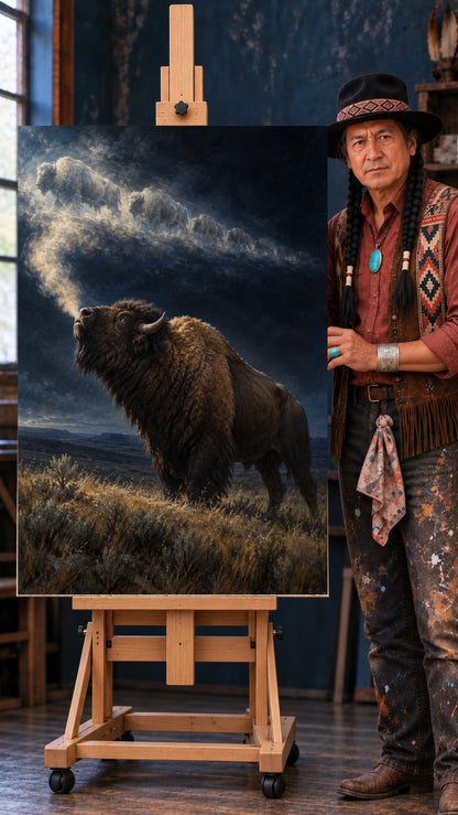 Bison in dry prairie grass, its breath rising into dark clouds shaped like running bison