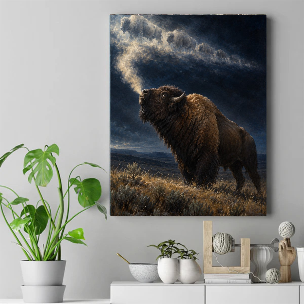 Bison in dry prairie grass, its breath rising into dark clouds shaped like running bison – ảnh 2