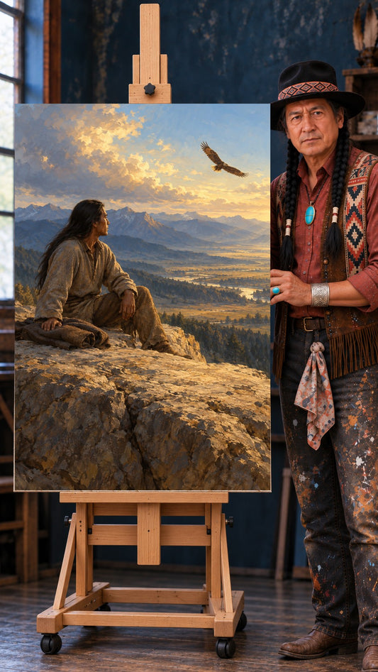 Native American man seated on rock looking up at eagle flying in golden sunset sky with mountains and valley.