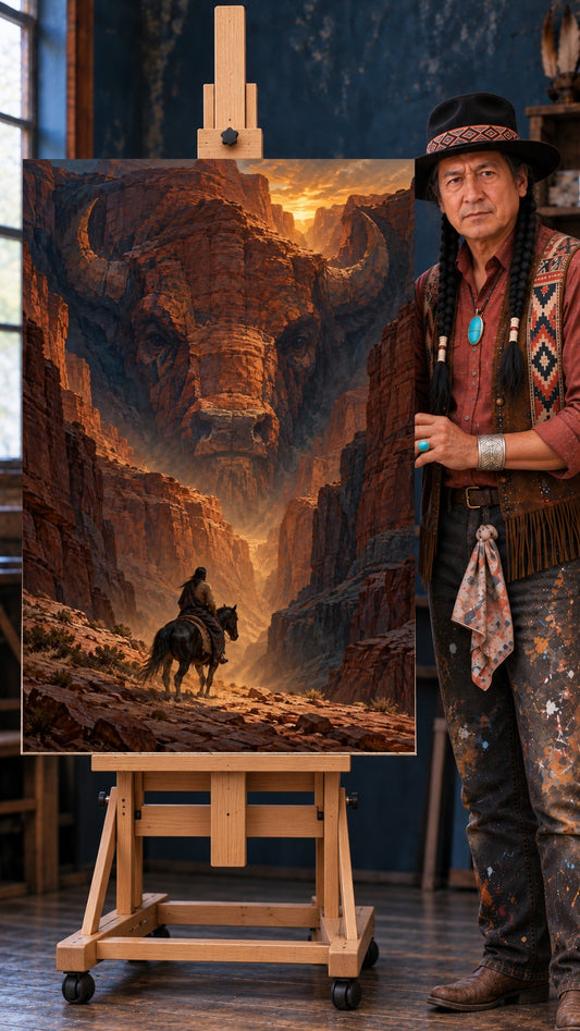 Rider on horseback in a canyon where the rock walls form the face of a giant bison at sunset