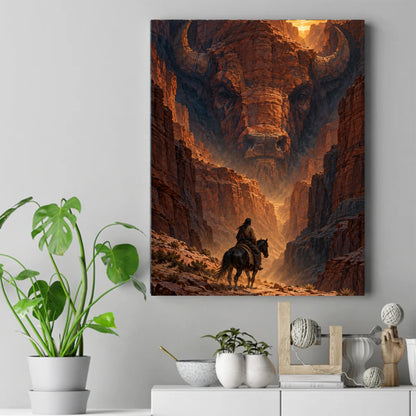 Rider on horseback in a canyon where the rock walls form the face of a giant bison at sunset – ảnh 2